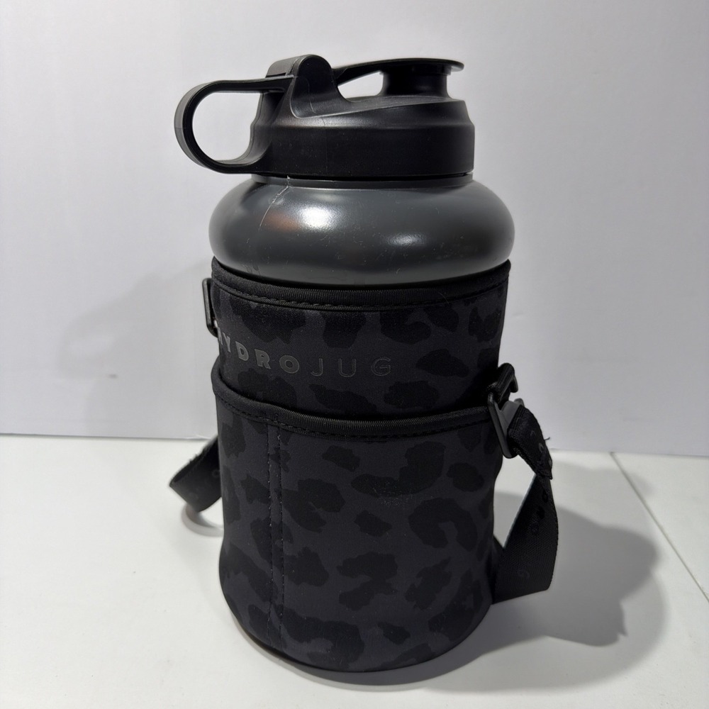 Hydrojug Black Water Bottle with Leopard Sleeve and strap Preowned